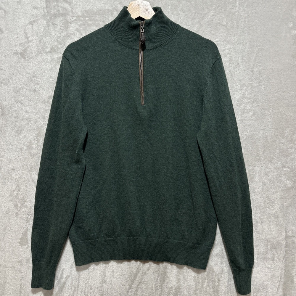 Neiman Marcus Men's L Green 1/4 Zip Sweater 100% Cashmere Long Sleeve Mock Neck